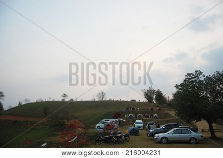 Travelers Thai People Travel With Camping And Rest In Tent At Top Of Mountain Doi Samer Dao
