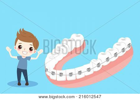boy with tooth brace on the blue background
