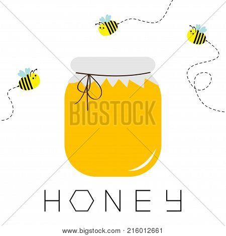 Honey jar pot icon. Honeycomb text. Beehive element. Flying bee insect dash line set. Paper top and bow. Yellow healthy food. Isolated. White background. Flat design. Vector illustration
