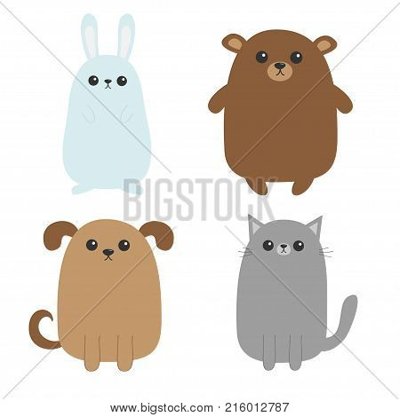 Cartoon dog cat bear grizzly rabbit hare icon. Puppy Kitten. Kawaii pet forest animal. Mustache whisker tail. Funny smiling character set. Flat design. White background Isolated Vector illustration