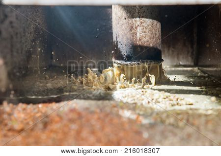 Olive pomace coming out from a pipe after the separation from water and oil