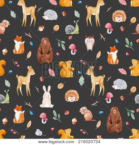 Beautiful vector seamless watercolor baby pattern with nice animals