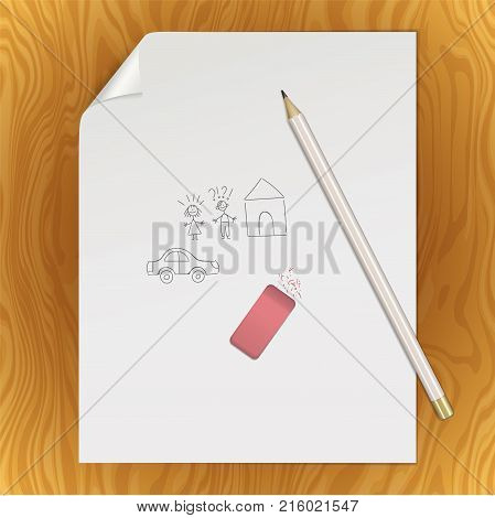 Graphite pencil on a white sheet of writing paper with a curved corner. An paper page with hand drawn couple of man, woman, house and car with a pencil and eraser. Mockup with stationery