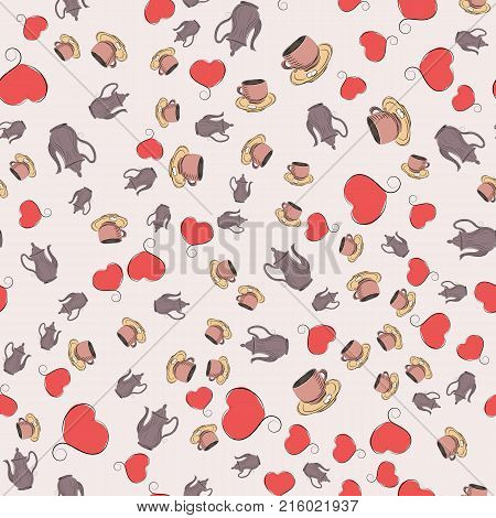Pattern with a coffee cup and coffeepot. Vector illustration.