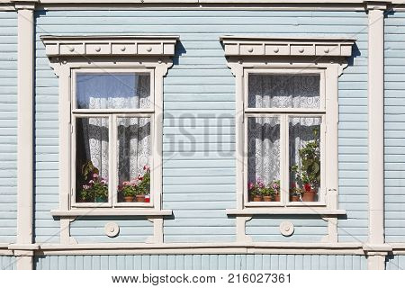 Traditional wooden houses facade in Rauma town. Finland heritage. Horizontal
