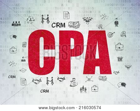 Finance concept: Painted red text CPA on Digital Data Paper background with  Hand Drawn Business Icons
