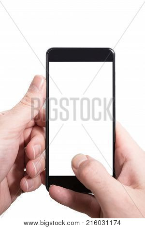 male person using both hands to vertically hold smartphone with empty screen isolated on white template