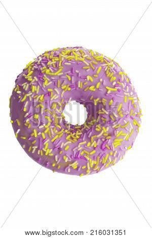 donut with purple frosting and colorful sugar sprinkles isolated on white background