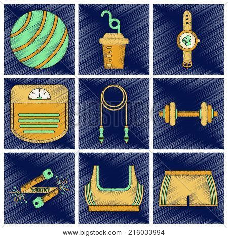 Set of flat shading style icon Fitness equipment
