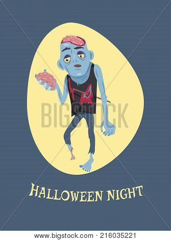 Halloween night image with sample headline placed below icon of sad zombie holding brain and walking forward vector illustration isolated on blue