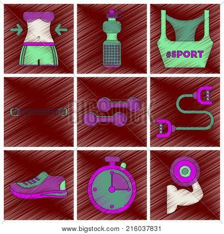 Set of flat shading style icons Fitness equipment