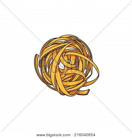 Raw, uncooked coiled, nest shaped Barbini Italian pasta, sketch vector illustration on white background. Realistic hand drawing of coiled, nest shaped Italian pasta - Barbini, Tagliatelle, Fettuccine