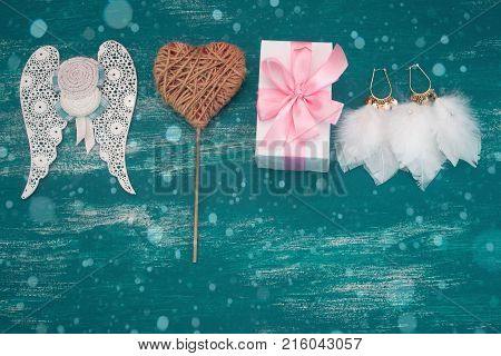 Festive flat lay arrangement. Set of decorative elements for Valentine's day. The concept