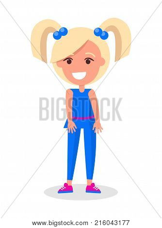 Smiling blonde girl with two tails in blue suit, kindergarten cartoon kid vector illustration isolated on white background
