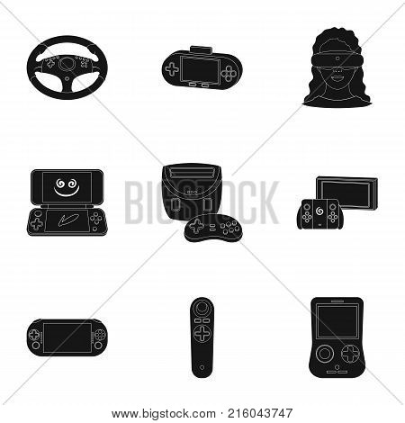 Game console and virtual reality black icons in set collection for design.Game Gadgets vector symbol stock illustration.
