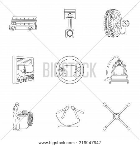 Car, lift, pump and other equipment outline icons in set collection for design. Car maintenance station vector symbol stock illustration .