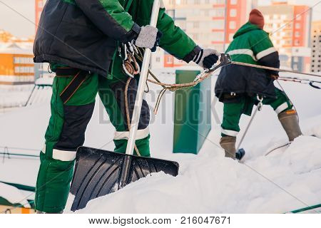 Team of male workers clean roof of building from snow with shovels in securing belts of mantra.