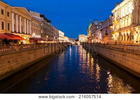 Petersburg, Russia - June 29, 2017: Ship Traffic On The Moika River At Night.