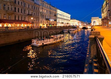 Petersburg, Russia - June 29, 2017: Ship Traffic On The Moika River At Night.