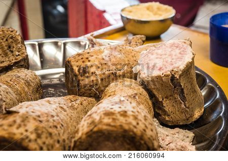 Cooked Cassava On  Platter On  Table Of Boards In Kenya