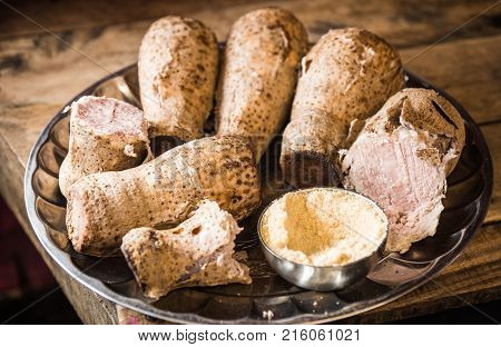 Cooked Cassava On  Platter On  Table Of Boards In Kenya
