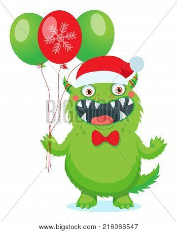 Friendly Monsters. Funny Green Monster Vector. Christmas Theme With Cute Cartoon Christmas Monster In Red Santa Hat.