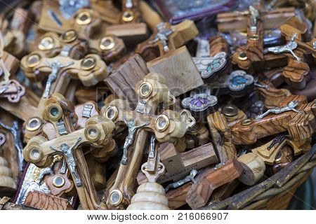 JERUSALEM, ISRAEL - 22 NOVEMBER 2017: The market of religious objects of worship of different religions in the territory of the old Jerusalem