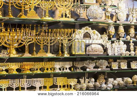 JERUSALEM, ISRAEL - 22 NOVEMBER 2017: The market of religious objects of worship of different religions in the territory of the old Jerusalem