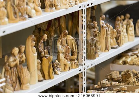 JERUSALEM, ISRAEL - 22 NOVEMBER 2017: The market of religious objects of worship of different religions in the territory of the old Jerusalem