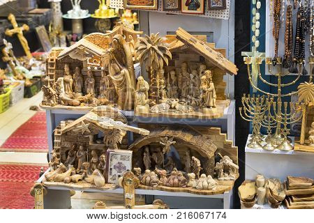 JERUSALEM, ISRAEL - 22 NOVEMBER 2017: The market of religious objects of worship of different religions in the territory of the old Jerusalem