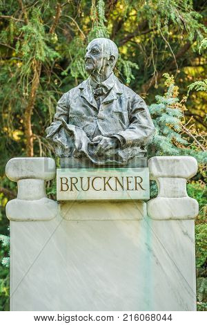 Bruckner bust in Stadtpark, Vienna. Anton Bruckner was an Austrian composer known for his symphonies, masses, and motets.