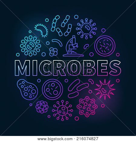 Microbes round colorful outline illustration. Vector concept circular symbol made with different microbe and primitive organisms icons on dark background