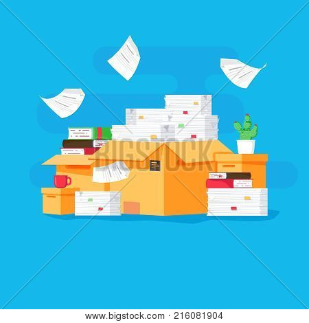 Pile of paper documents and file folders. Carton boxes. Bureaucracy paperwork office. Vector illustration in flat style. Busy with paperwork in office.