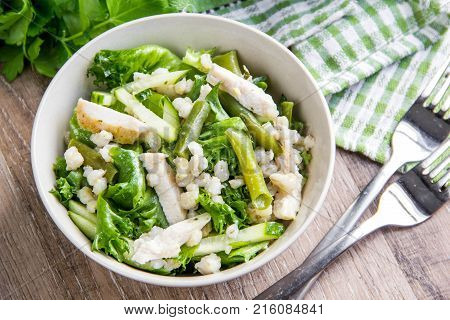 Green Salad With Chicken, Pearl Barley, Fresh Cucumber, French Beans, Wholesome Hearty Lunch