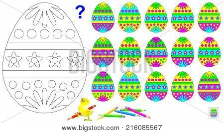 Logic puzzle game. Need to find the only one unpaired egg and paint black and white drawing in corresponding colors.