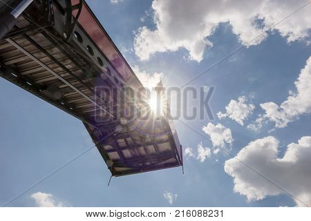 Basket over the special very long ladder of a fire truck