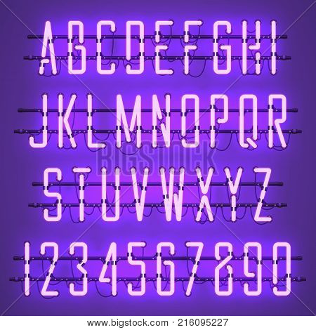 Glowing Purple Neon Casual Script Font with uppercase letters from A to Z and digits from 0 to 9 with wires, tubes, brackets and holders. Shining and glowing neon effect. Vector illustration.