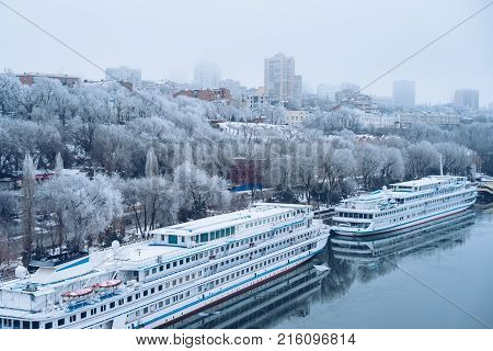 Winter City. Day. Pierce, The Water In The River Is Frozen. Rostov-on-don, South Russia.