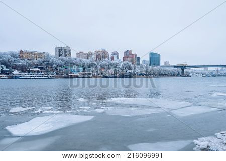 Winter City. Day. Pierce, The Water In The River Is Frozen. Rostov-on-don, South Russia.