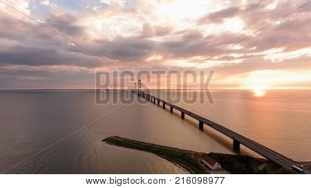 Bridge in denmark at the sunset. Aerial View