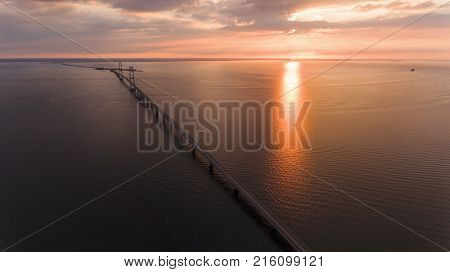 Bridge in denmark at the sunset. Aerial View