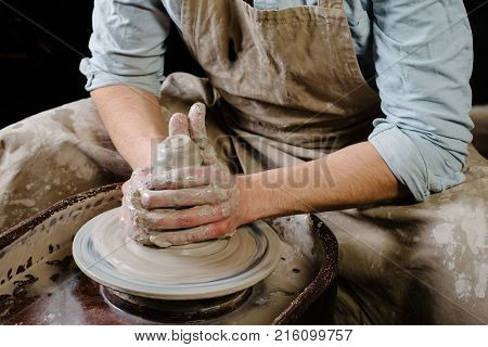 Pottery, Workshop, Ceramics Art Concept - Closeup On Male Hands Sculpt New Utensil With A Tools And 