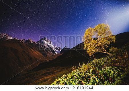 Scenic image of night sky over the peak Ushba. Location Samegrelo-Zemo Svaneti, country Georgia, Europe. Main Caucasian ridge. Astrophotography. Adventure vacations. Explore the beauty of earth.