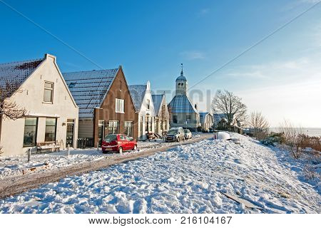 Snowy Durgerdam in winter in the Netherlands