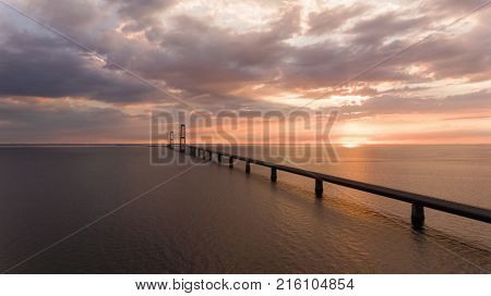 Bridge in denmark at the sunset. Aerial View