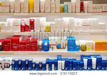 ROME, ITALY - CIRCA NOVEMBER, 2017: Clarins beauty products sit on display at a second flagship store of Rinascente in Rome. Clarins is a French luxury skin care, cosmetics and perfume company