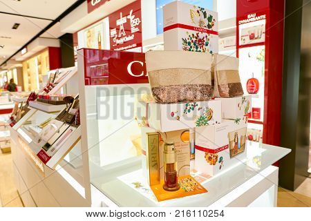 ROME, ITALY - CIRCA NOVEMBER, 2017: Clarins beauty products sit on display at a second flagship store of Rinascente in Rome. Clarins is a French luxury skin care, cosmetics and perfume company