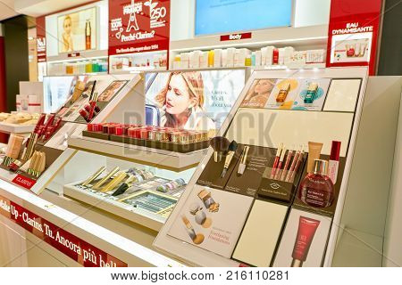 ROME, ITALY - CIRCA NOVEMBER, 2017: Clarins beauty products sit on display at a second flagship store of Rinascente in Rome. Clarins is a French luxury skin care, cosmetics and perfume company