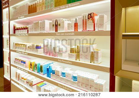 ROME, ITALY - CIRCA NOVEMBER, 2017: Clarins beauty products sit on display at a second flagship store of Rinascente in Rome. Clarins is a French luxury skin care, cosmetics and perfume company