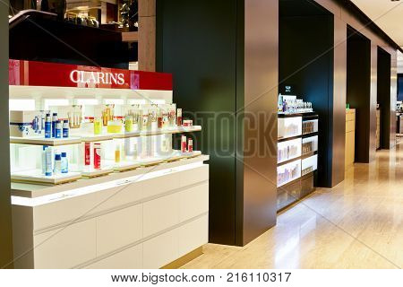 ROME, ITALY - CIRCA NOVEMBER, 2017: Clarins beauty products sit on display at a second flagship store of Rinascente in Rome. Clarins is a French luxury skin care, cosmetics and perfume company
